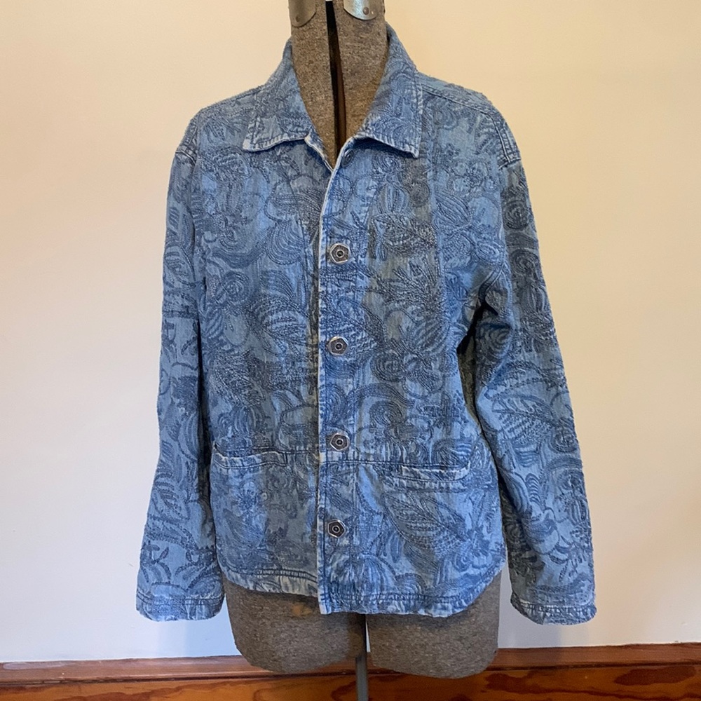 Chico’s denim embroidered jacket
